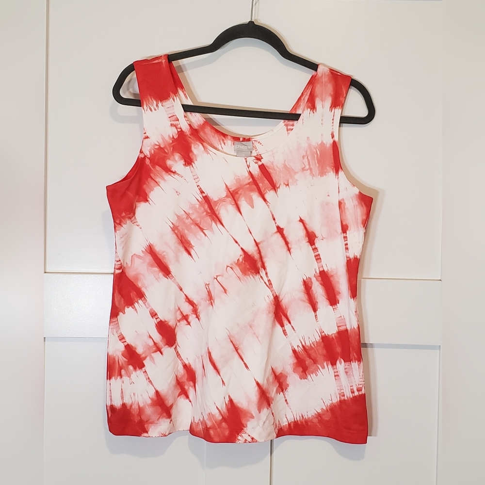 Chico's Sleeveless Top Red Orange White Tie Dye Stretch Size L/2 Layering Piece